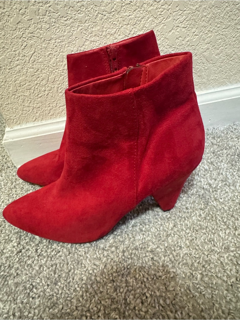 Women's Red Suede Pointed Ankle Booties with Cone Heel